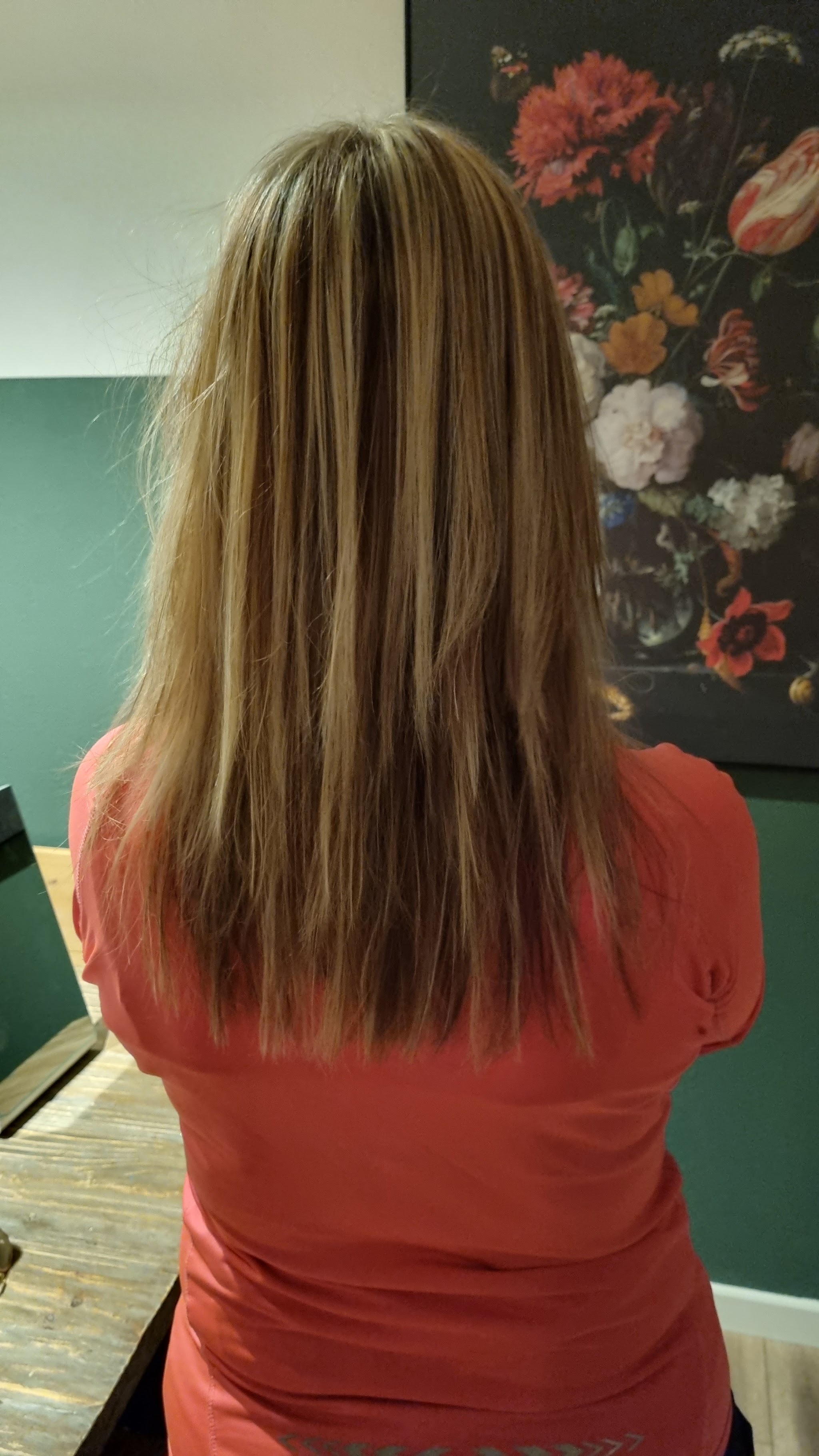 Lang blond haar met kleurverloop, van achteren gezien